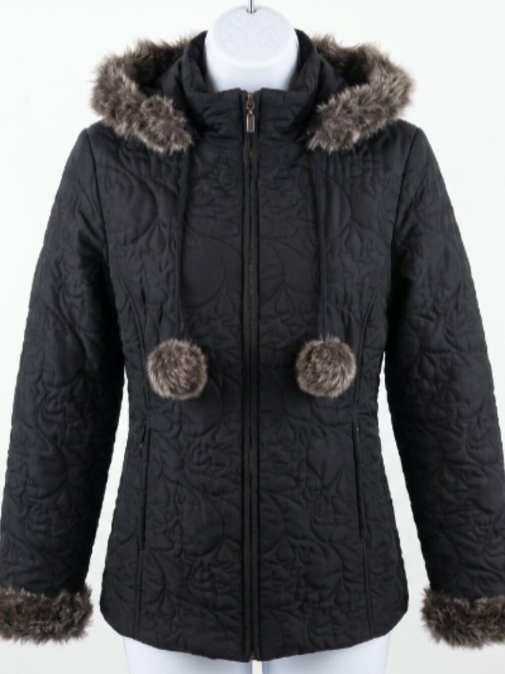 CAbi Plaza Quilted Jacket Black Faux Fur Removable Hood #656 Sz S